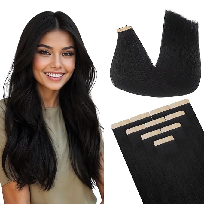 DOORES Tape in Hair Extensions Real Human Hair, Jet Black 16 Inch 25g 10pcs, Human Hair Extensions Remy Natural Hair Straight Hair Double Side Tape in Extensions