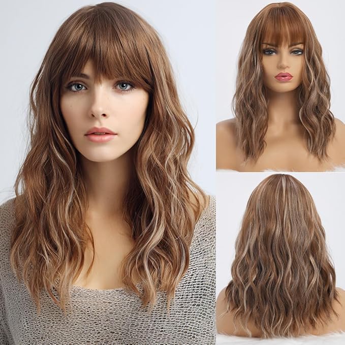 Light Brown Wigs with Highlights for Women Synthetic 16 inch Medium Length Wigs with Bangs Natural Long Wavy Fringe wig Heat Resistant Hair for Daily Party Use (16 inch)
