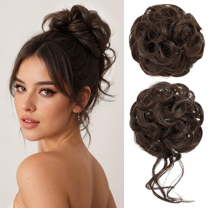 CJL HAIR 2PCS Messy Bun Hair Pieces Wavy Curly Synthetic Updo Chignon Fake Scrunchies Ponytail Extension for Women Dark Chocolate