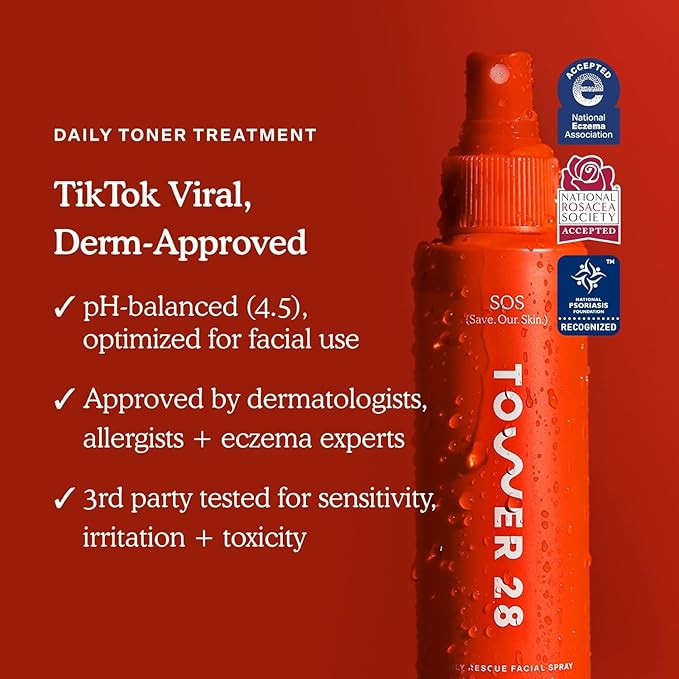 Tower 28 SOS Daily Rescue Spray Duo for Sensitive Skin, Hypochlorous Acid Spray Helps Reduce Redness and Breakouts, Full Size and Travel Size
