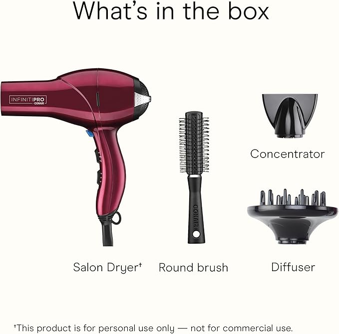 Infiniti PRO CONAIR Hair Dryer with Diffuser, Professional AC Motor, Tourmaline Ceramic Technology Blow Dryer, Includes Concentrator and Blowout Brush, Amazon Exclusive, Burgundy