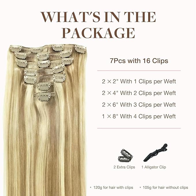 GOO GOO Clip in Hair Extensions Real Human Hair, Remy Human Hair Extensions Clip ins for Women, Natural Human Hair, 24inch 170g 7Pcs, #16/22 Light Blonde Highlighted Golden Blonde