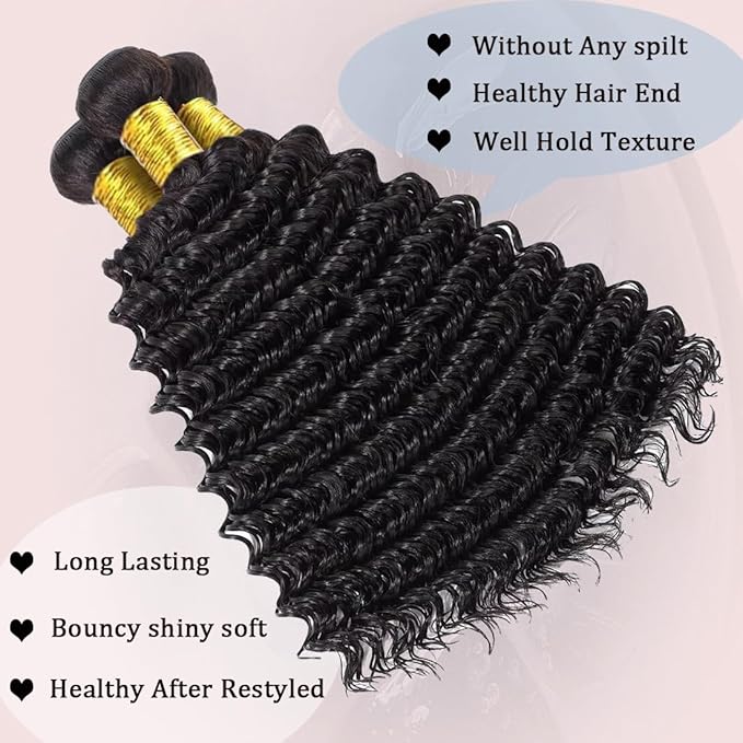 12A Human Hair Bundles Deep Wave 100% Unprocessed Brazilian Virgin Hair 4 Bundles Deep Curly Human Hair Extensions Quick Weave Human Hair (4 Bundlles Natural black, 20 22 24 26 Inch)