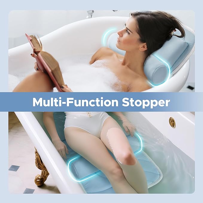 Sunlit Ultra Soft Full Body Bath Pillow for Bathtub, Luxury Thick Tub Pillow for Head Neck Back Support with Lumbar Pillow Multi-Function Stopper, Spa Pillow with Strong Suction Cups, Bath Accessories