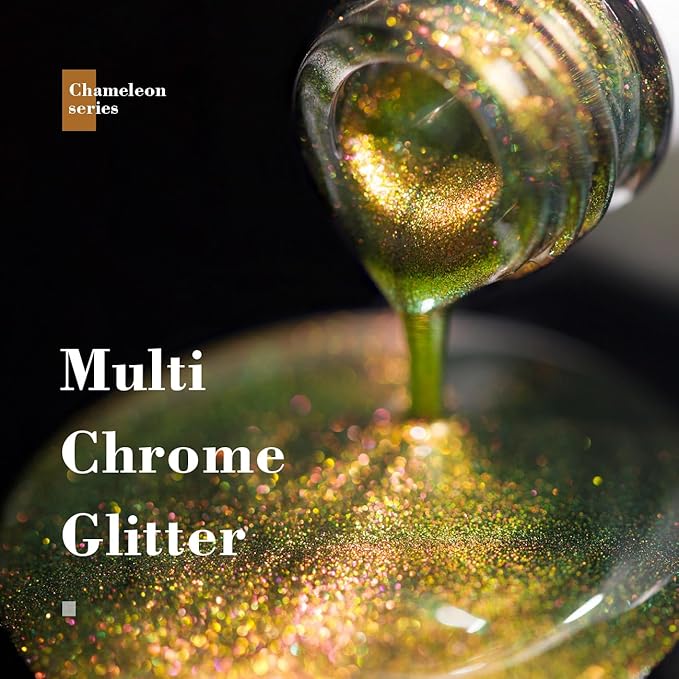 RARJSM Chameleon Chrome Nail Polish Gel Orange Yellow to Green Color Changing Glitter GelPolish 15ML Multichrome Sparkle Shimmer Nail Gel Varnish Soak Off Curing Requires DIY at Home Salon 15ml