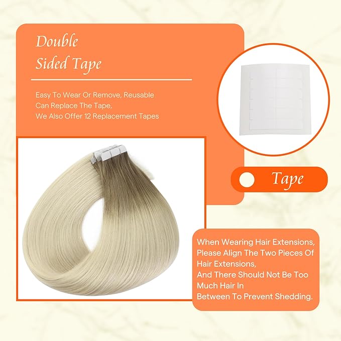 Full Shine Human Hair Extensions Tape in 20 Inch Color 8 Ash Brown Fading to 60 Platinum Blonde Invisible Double Sided Tape in Hair Extensions 50g Natural Straight Seamless Skin Weft 20 PCS for Party