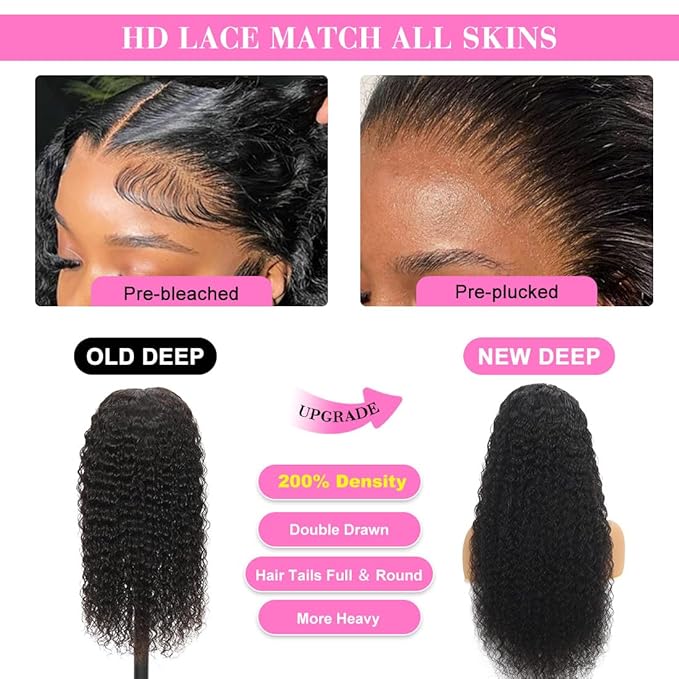 13x6 Deep Wave Lace Front Wigs Human Hair 200% Density HD Lace Front Wigs Human Hair for Women Glueless Pre Plucked Bleached Knots Lace Front Wig Deep Curly Wig Nature Color(Black, 30inch)