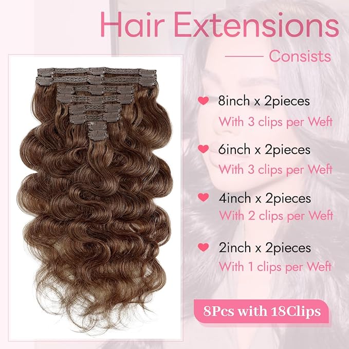 Clip in Hair Extensions Real Human Hair Body Wave 4 Chocolate Brown Clip in 100% Brazilian Remy Human Hair Extensions 8pcs Per Set with 18 Clips Double Weft 20 Inch 105g/3.6oz