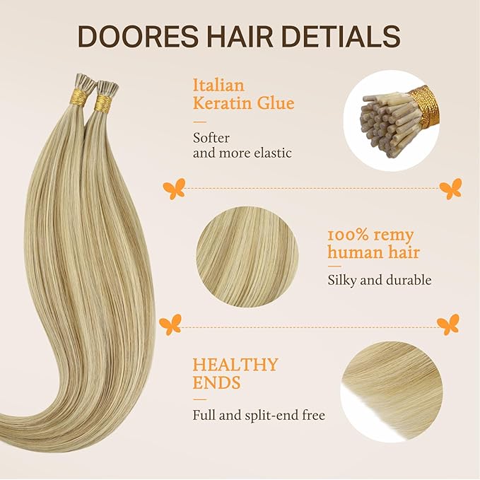 DOORES I Tips Hair Extensions Real Human Hair,18 Inch 100g 100s Itip Human Hair Extensions,Light Blonde Highlighted Golden Blonde I Tip Hair Extensions Natural Smooth Hair