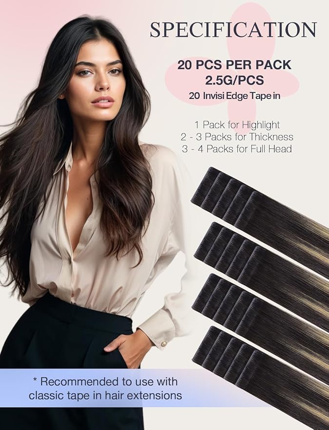 DOORES Invisi Edge Seamless Tape in Hair Extensions Human Hair, Natural Black to Light Blonde 10 Injection Tape-ins with 10 Injection Tape-ins 50g 22 Inch, Virgin Tape in Extensions
