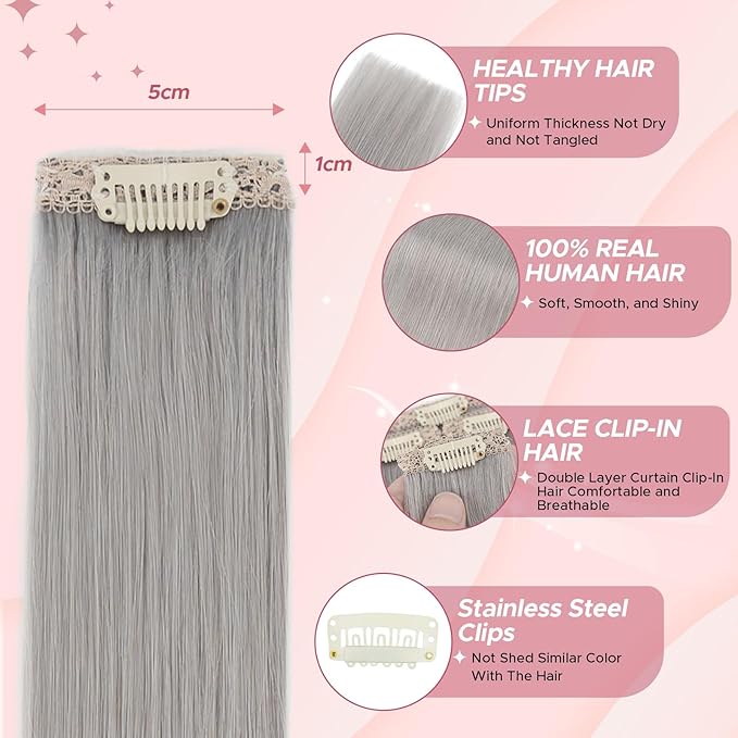 Clip in Hair Extensions Real Human Hair for Women, 22 Inch 47g 6pcs, Grey, Straight - Highlight, Add Volume and Length for Daily Wear, Parties, Weddings