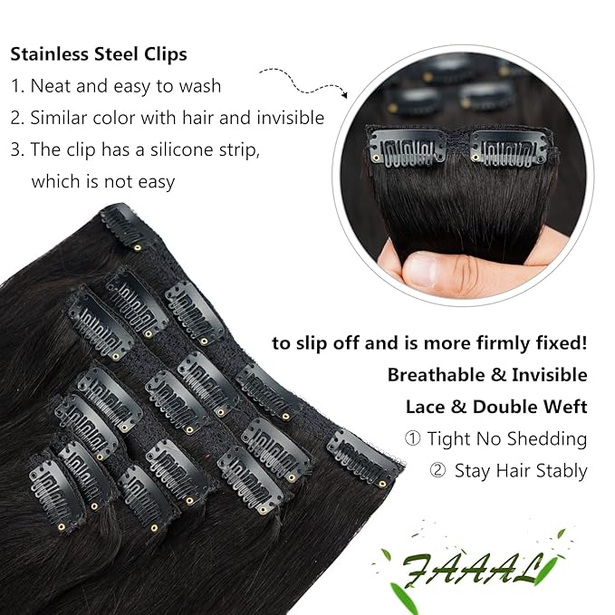 20" Clip in Human Hair Extensions Full Head 180g 7 Pieces 16 Clips Natural Black Double Weft Brazilian Real Remy Hair Extensions Thick Straight Silky (20" 180g, #1B)