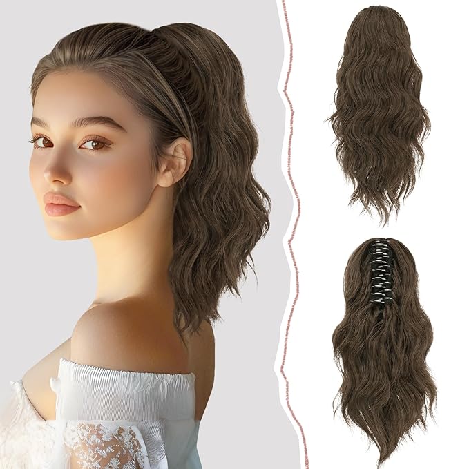 SOFEIYAN 14" Ponytail Extension, Short Wavy Claw Clip in Ponytail Hair Extension Synthetic Hairpieces Black Layered Natural Fluffy Curly Drawstring Ponytail Hair Piece for Women
