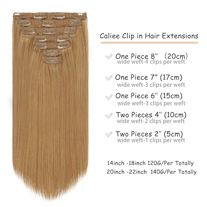 Caliee Real Hair Extensions Clip in Human Hair for Full Head Color 27 Caramel Blonde Seamless Clip in Hair Extensions Double Weft Lace 140G 20Inch