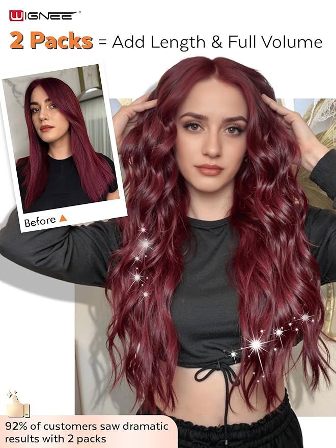WIGNEE OVO Red Hair Extensions 20 Inch,100g,5PCS,Real Human Remy Hair, Double Hand-Tied Weft,Glueless Micro Bead Install, Add Volume for Thin Hair,Seamless Human Hair Extensions for White Women (BUG)