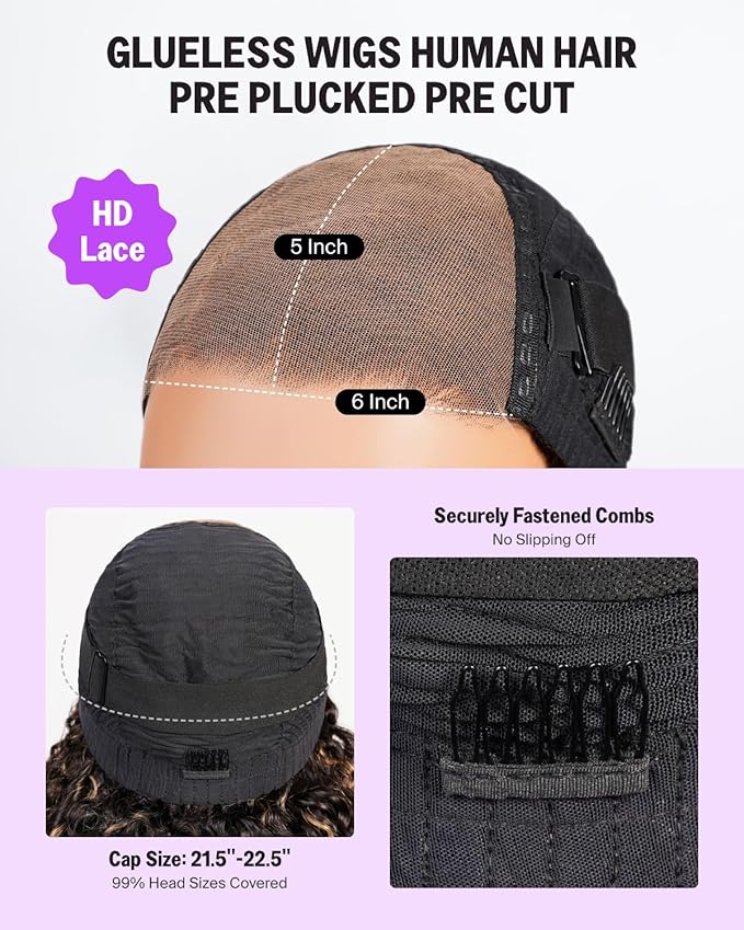 Megalook Ombre Deep Wave Glueless Wigs Human Hair Pre Plucked Pre Cut 5x6 HD Lace Closure Curly Human Hair Wig for Black Women Wear and Go Glueless Wigs Human Hair Pre Bleached Knots 24 Inch 1B/27