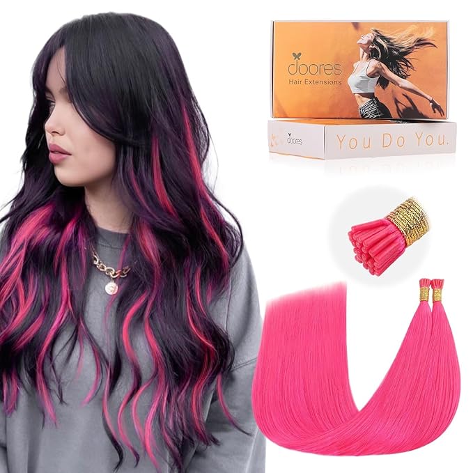 Doores Itip Human Hair Extensions, Hot Pink 14 Inch 25g/50s, Straight Hair Extensions, Hot Pink Hair Extensions