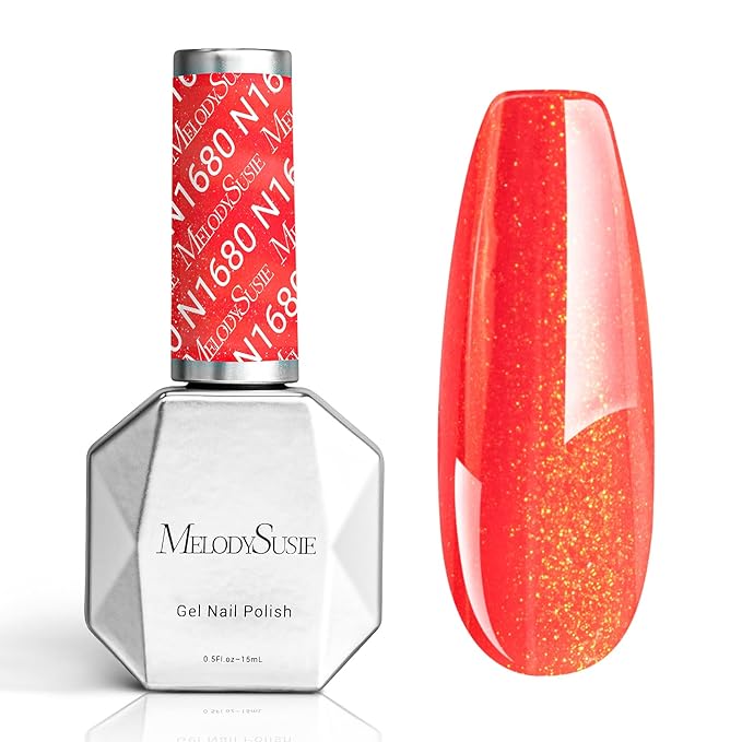 MelodySusie Red Shimmer Glitter Gel Nail Polish,0.5fl oz Soak Off UV LED Red Orange Shimmer Gold Glitter Gel Polish Gift for Women Nail Art Manicure Salon DIY Nail Design Decoration at Home-A1816