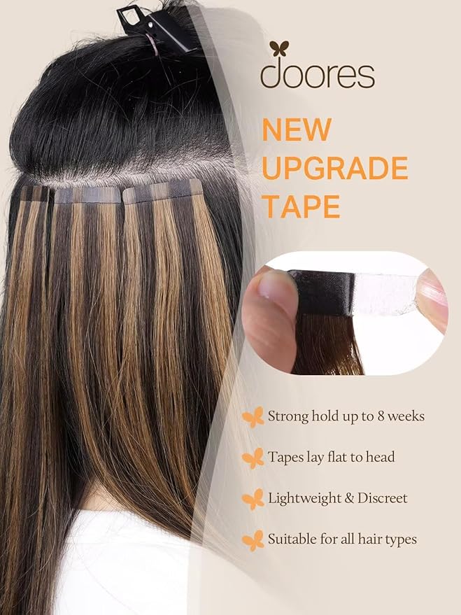 DOORES Tape in Hair Extensions Real Hair, Balayage Chocolate Brown to Caramel Blonde 10pcs 30g 22 Inch, Remy Human Hair Extensions Tape in Natural Hair Straight Skin Weft