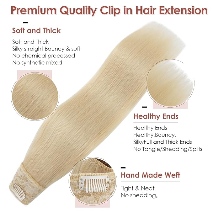Benehair One Piece 5 Clips in Hair Extensions Human Hair 3/4 Full Head V Shaped Weft Thick Lace Net For Women (20"-70g #60 Platinum Blonde)