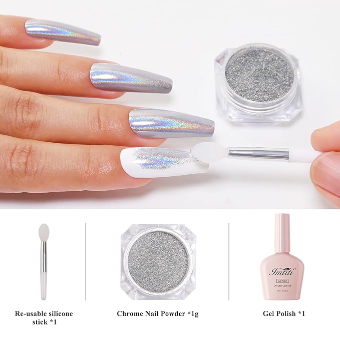 Imtiti Holographic Silver Chrome Nail Powder Kit,1g Holo Iridescent Silver Meatllic Mirror Effect Powder with 10ml White Color Gel Polish Metal Nail UV DIY Kit