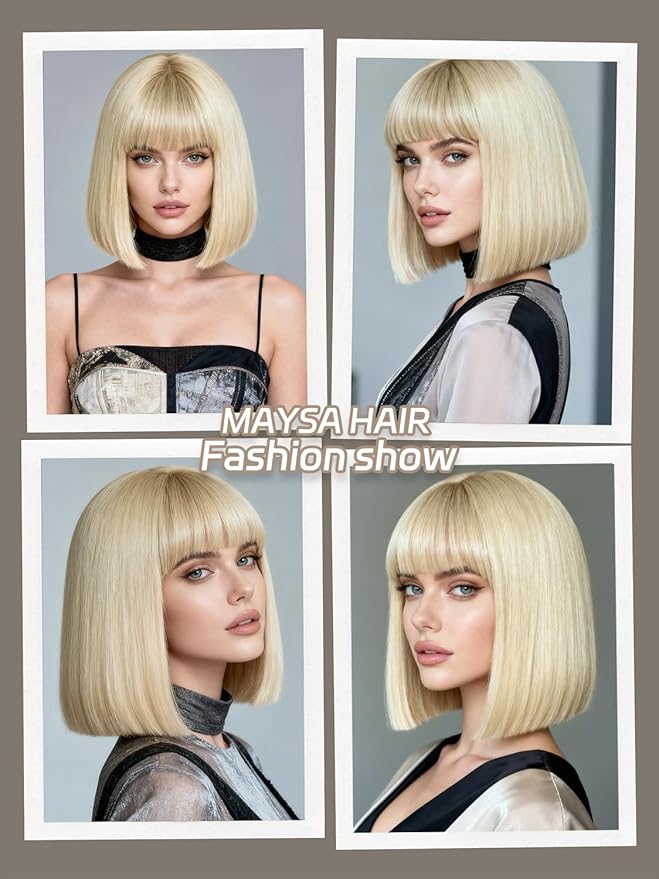 MAYSA Blonde Bob Wig with Bangs for Women Short Straight Beige Bob Wig 12in Synthetic Daily Party Natural Looking Wigs # Blonde