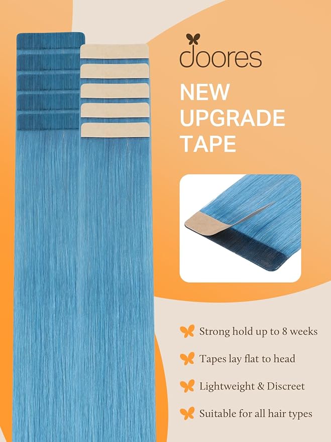 DOORES Human Hair Extensions - Turquoise Tape in, Straight, 30g 10pcs 22 Inch