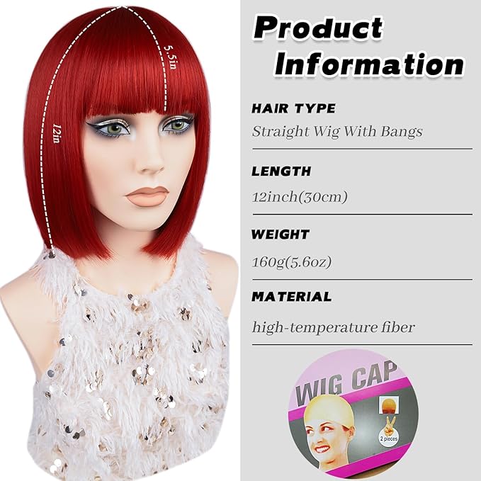 MAYSA Red Bob Wig with Bangs Short Straight Colorful Bob Wigs 12in Synthetic Cosplay Daily Party Neon Wigs for Women # Red