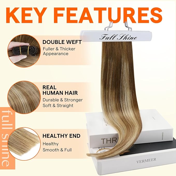 Full Shine Weft Hair Extensions For Women Color #4/27/60/8 Sew In Hair Extensions Soft Silky Hair 20 Inch 105G Sew In Extensions Remy Hair Soft Silky