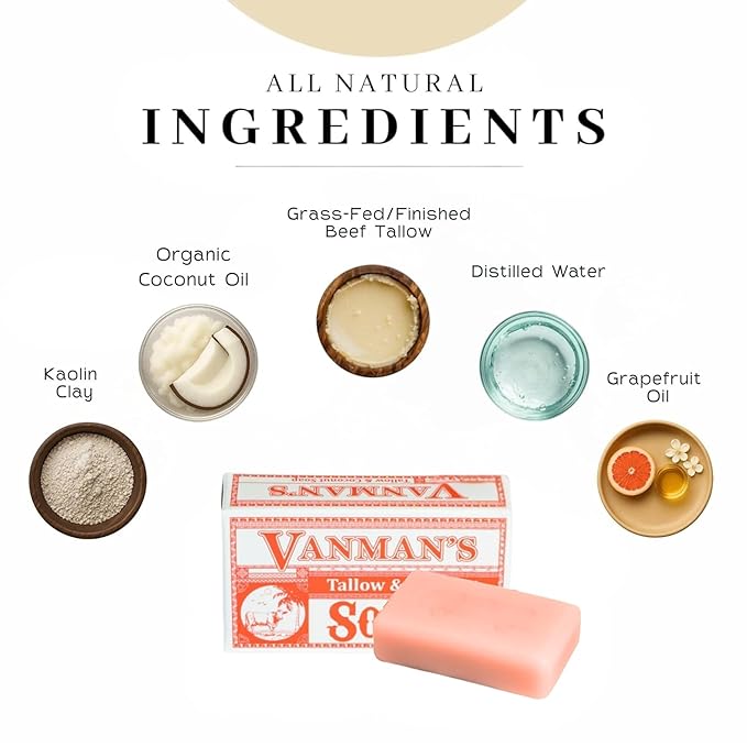VanMan Beef Tallow and Coconut Oil Bar Soap – Pure Grass-Fed Beef Tallow Soap with Coconut Oil & Kaolin Clay, Subtle Grapefruit Scent, Hydrating & Nourishing, Clean Ingredients, 3.8oz