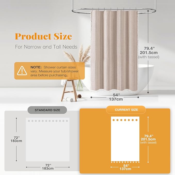 BTTN Stall Fabric Shower Curtain - 54x78 Boho Striped Linen Heavy Duty Tassel Shower Curtain Set with 10 Hooks, Narrow Rustic Modern Farmhouse Bohemian Thick Shower Curtains for Bathroom - Tan/Taupe