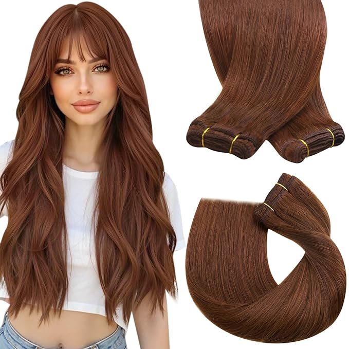 Sunny Hair Sew in Hair Extensions Real Human Hair 18inch Human Hair Weft Extensions Dark Auburn Long Straight Hair for Women 100g