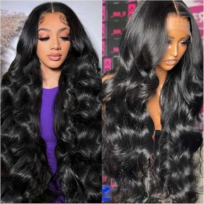 13x6 Body Wave Lace Front Wigs Human Hair Pre Plucked 200% Density HD Transparent Lace Frontal Wigs Human Hair With Baby Hair Natural Black 38 Inch