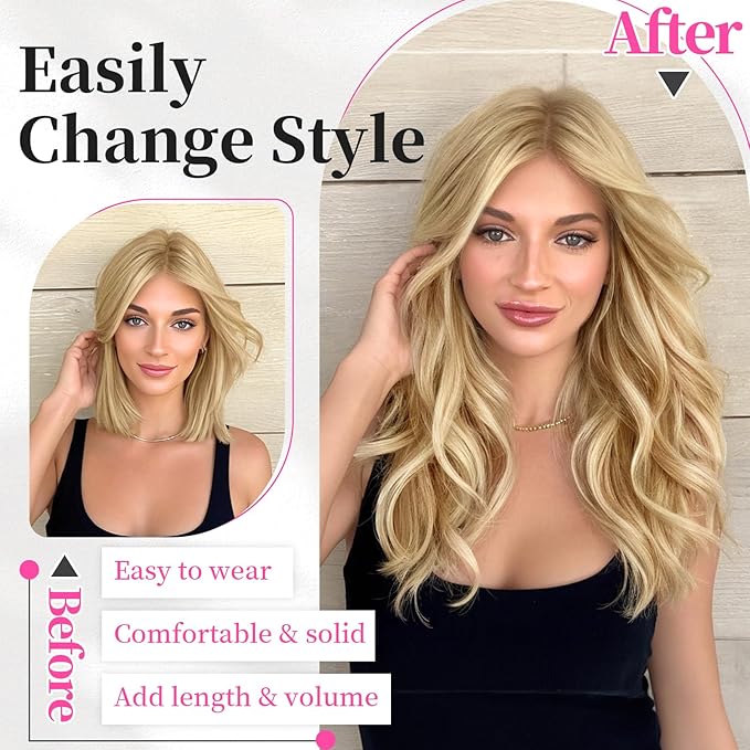 KooKaStyle Short Hair Extensions 6PCS 14 Inch Wavy Curly Hairpieces Synthetic Soft Lace Weft Clip in Hair Extensions-Honey Blonde to Bleach Blonde for Women