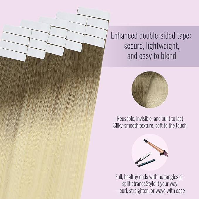 Fshine Tape in Human Hair Ombre 18 Inch Ash Brown Fading to Platinum Blonde Tape in Human Hair Extensions 20pcs 50g Straight Natural Silky Remy Hair Straight Hair Extensions for Women