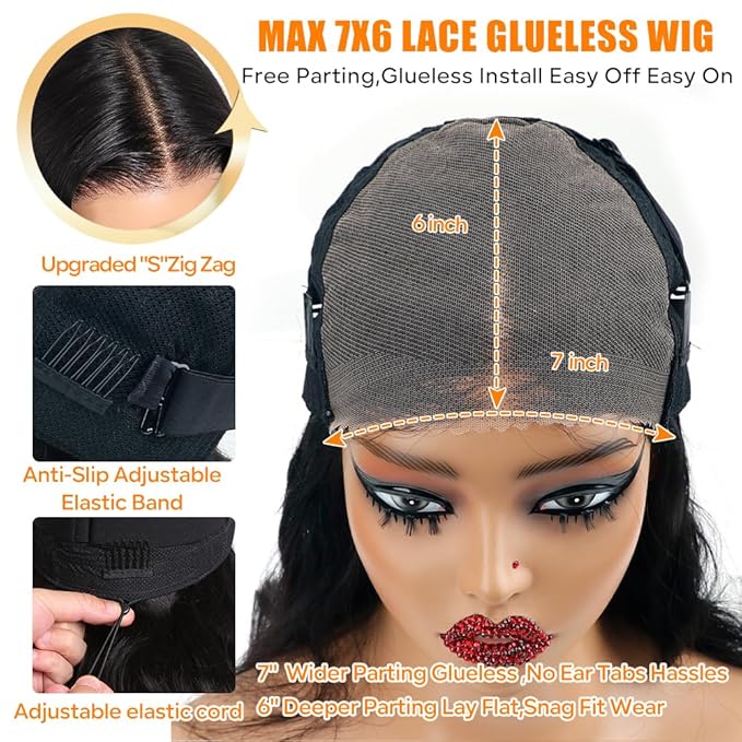 CHEETAHBEAUTY 7x6 Glueless Wigs Human Hair Pre Plucked Pre Cut 34 Inch Body Wave Lace Front Wigs Human Hair for Women 7x6 HD Lace Closure Wigs with Elastic Drawstring 200% Density Natural Color
