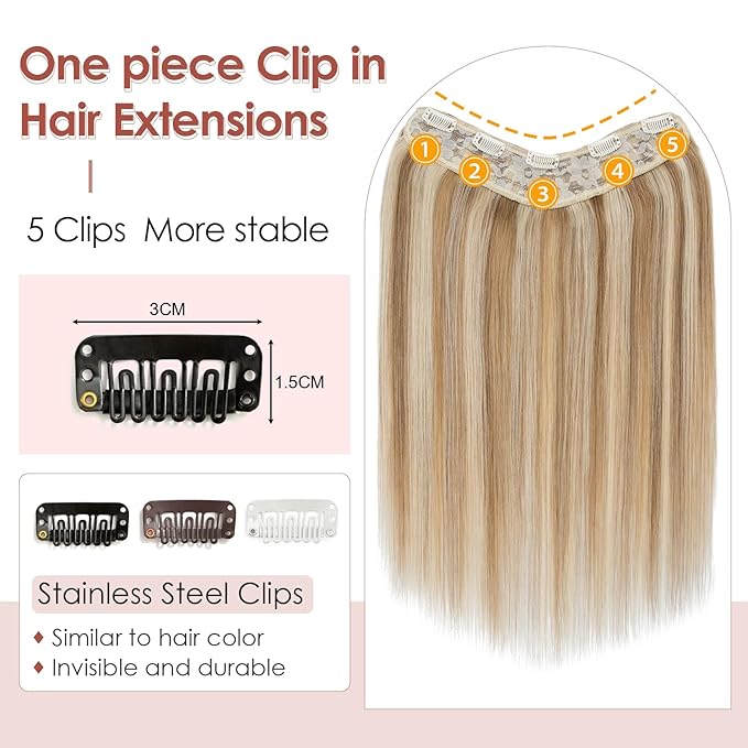 Benehair One Piece Clip in Hair Extensions Real Human Hair 3/4 Full Head V Shaped Weft Thicker Hair Lace Net One Piece Hair Extensions with 5 Clips (16"-65g #12P613 Golden Brown Mixed Bleach Blonde)