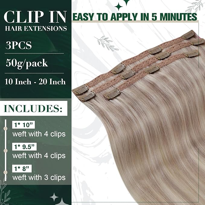RUNATURE Clip in Hair Extensions Real Human Hair, Straight Human Hair Clip in Extensions, Remy Natural Hair, Easy to Install, 16 Inch 50g 3pcs #19P60 Grey Blonde Highlights