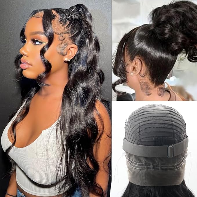 Hidden Strap 360 Lace Front Wigs Human Hair 220% Density Body Wave HD Lace Front Wigs with Drawstring 360 Full Lace Human Hair Wigs for Women Pre Plucked with Baby Hair Natural Color 22 Inch