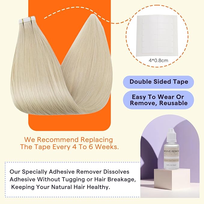 Full Shine Blonde Tape in Hair Extensions Human Hair 10 Inch Color 60 Blonde Invisible Double Sided Remy Human Hair Tape in Extensions 20PCS Natural Seamless Skin Weft 30 Grams Add Volume