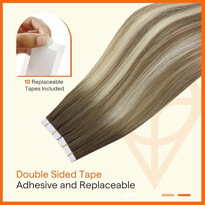 Full Shine Virgin Tape in Extensions 12Inch Color 8/8/613 Remy Invisible Tape in Hair Extension Double Sided Seamless Skin Weft Real Human Hair Straight 20 PCS 30 Gram for Woman Add Volume Natural