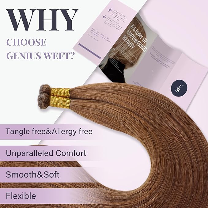 Fshine Real Human Hair Genius Weft Extensions for Women Color 330 Copper Genius Weft 18 Inch 50g Human Hair Extensions Auburn Bundle