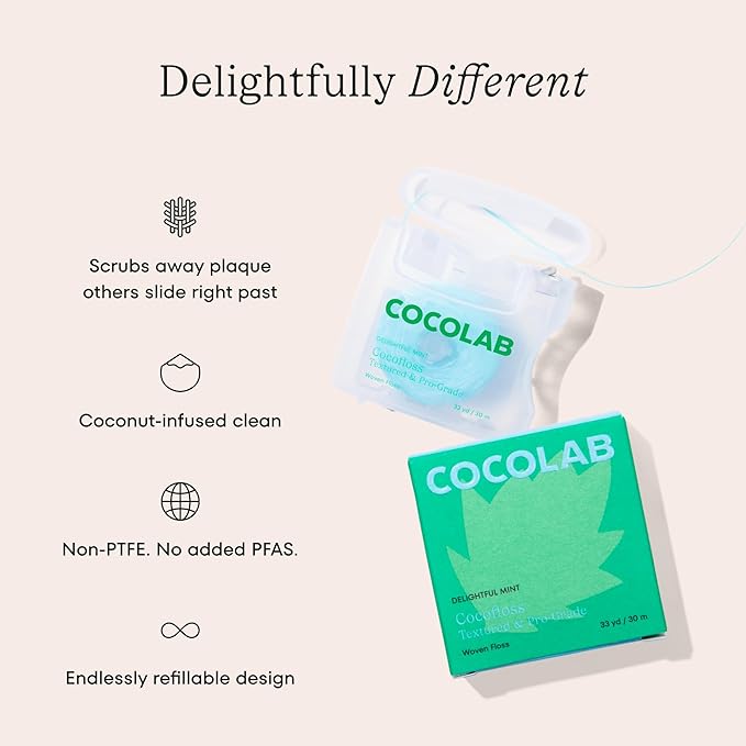 Cocofloss Woven Dental Floss, Dentist-Designed Oral Care, Mint, Waxed, Expanding, Vegan, Kid-Friendly String Floss with Coconut Oil, 1 Spool (33 yd)