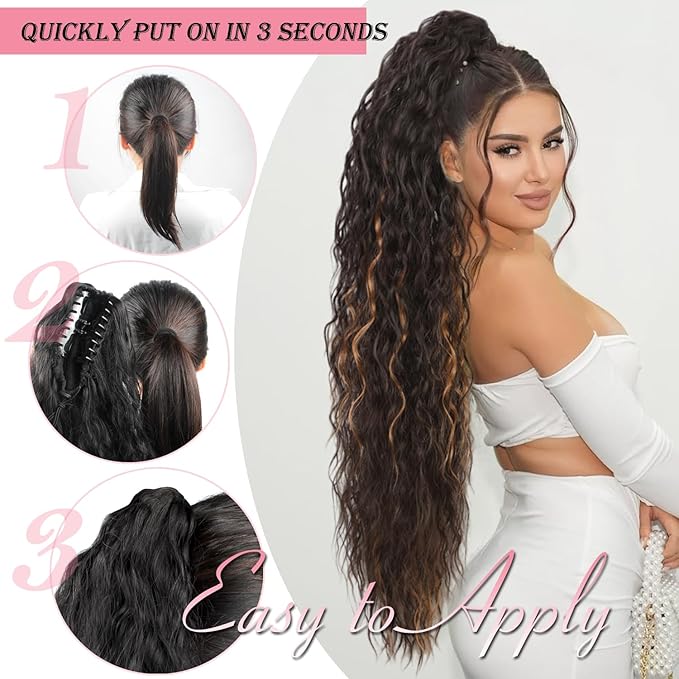 ENBEAUTIFUL 30" Claw Clip Ponytail Extension Long Wavy Ponytail Extension Synthetic Pony Tails Hair Extensions Clip in Hair pieces Fluffy Natural Looking for Women Chocolate Brown with Caramel Blonde
