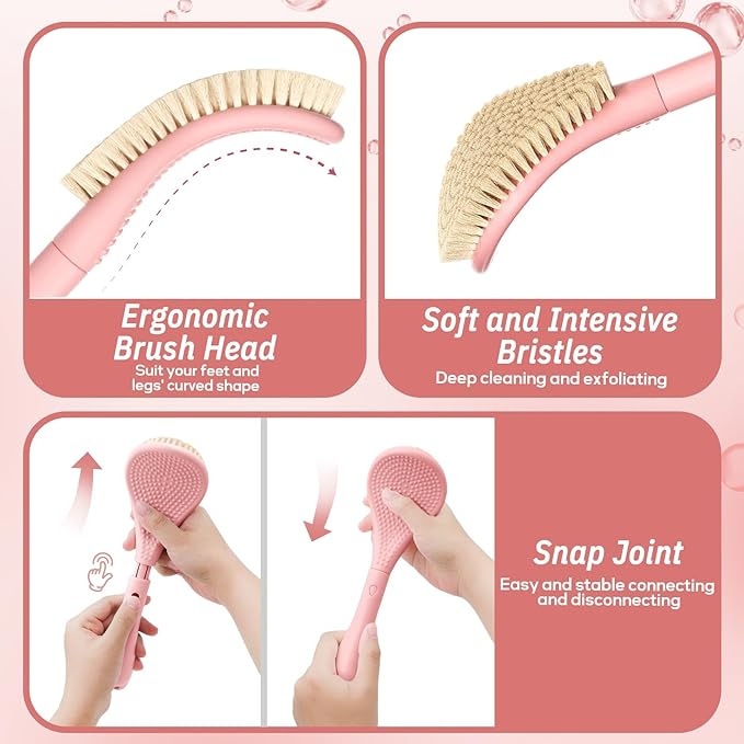 Foot Brush/Foot File/Silicone Body Scrubber Set(3PCS), 3-in-1 Foot Scrubber with Long Handle, 10.2’’-27.5’’Adjustable Foot Scrub Brush with Foot File and Silicone Loofah, Gift-Box(Pink Set)