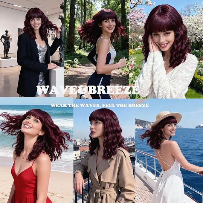 WAVE&BREEZE Dark Red Wig with Bangs Short Curly Bob Wigs for Women 14 Inch Shoulder Length Natural Looking Hair Replacement Wigs for Cosplay Party Use