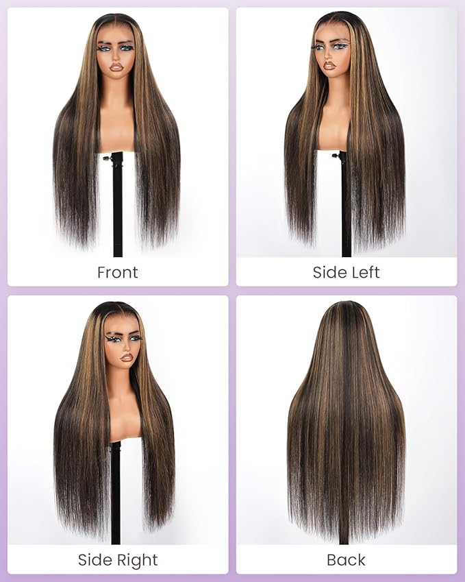 Real Bleached Knots Highlight Lace Front Wigs Human Hair 220% Density Balayage Glueless Wigs Human Hair 22 inch 13x4 Ombre Straight Lace Front Wig Pre Plucked Wigs for Women FB27