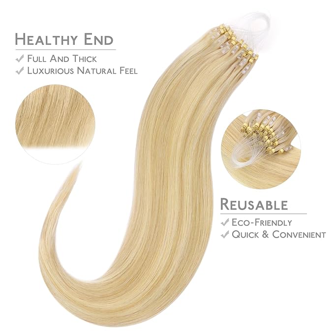 WENNALIFE Microlink Hair Extensions Human Hair, 50g 50s 16 Inch Light Blonde Highlighted Golden Blonde Remy Micro Bead Hair Extensions Real Human Hair Loop Ring Hair Straight Microlinks