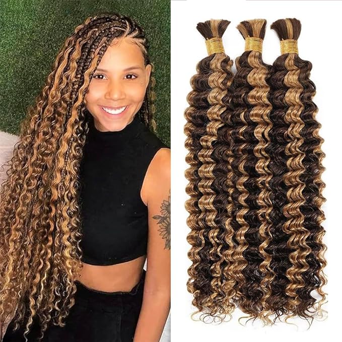 Honey Blonde Human Braiding Hair Deep Wave Bulk for Braiding 24 inch P427 Deep Wave Bulk Human Hair Weave 3 Bundles P4/27 Wet and Wavy Bundle