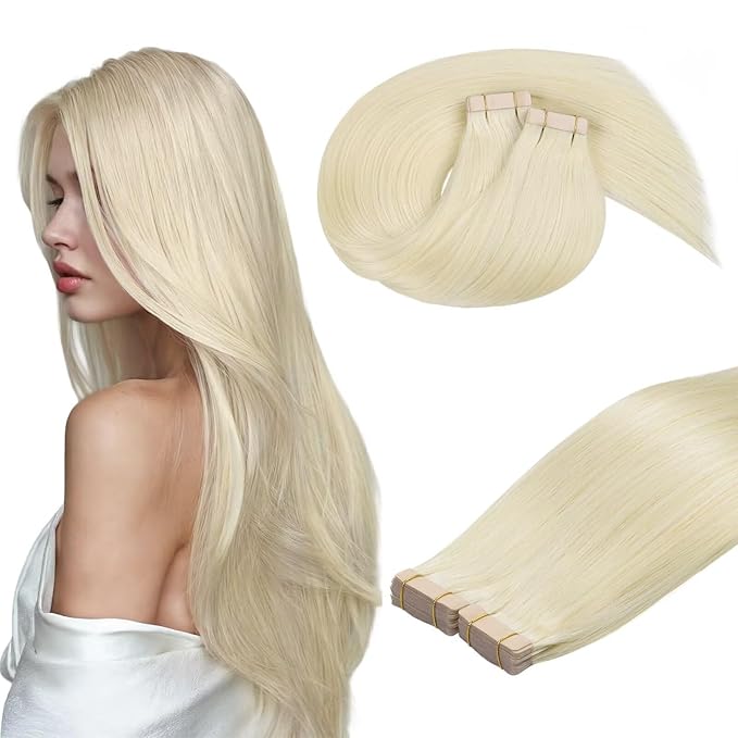 DOORES Tape in Human Hair Extensions, Platinum Blonde 16 Inch 100g 40pcs, Remy Hair Extensions Tape in Straight Skin Weft Real Natural Hair
